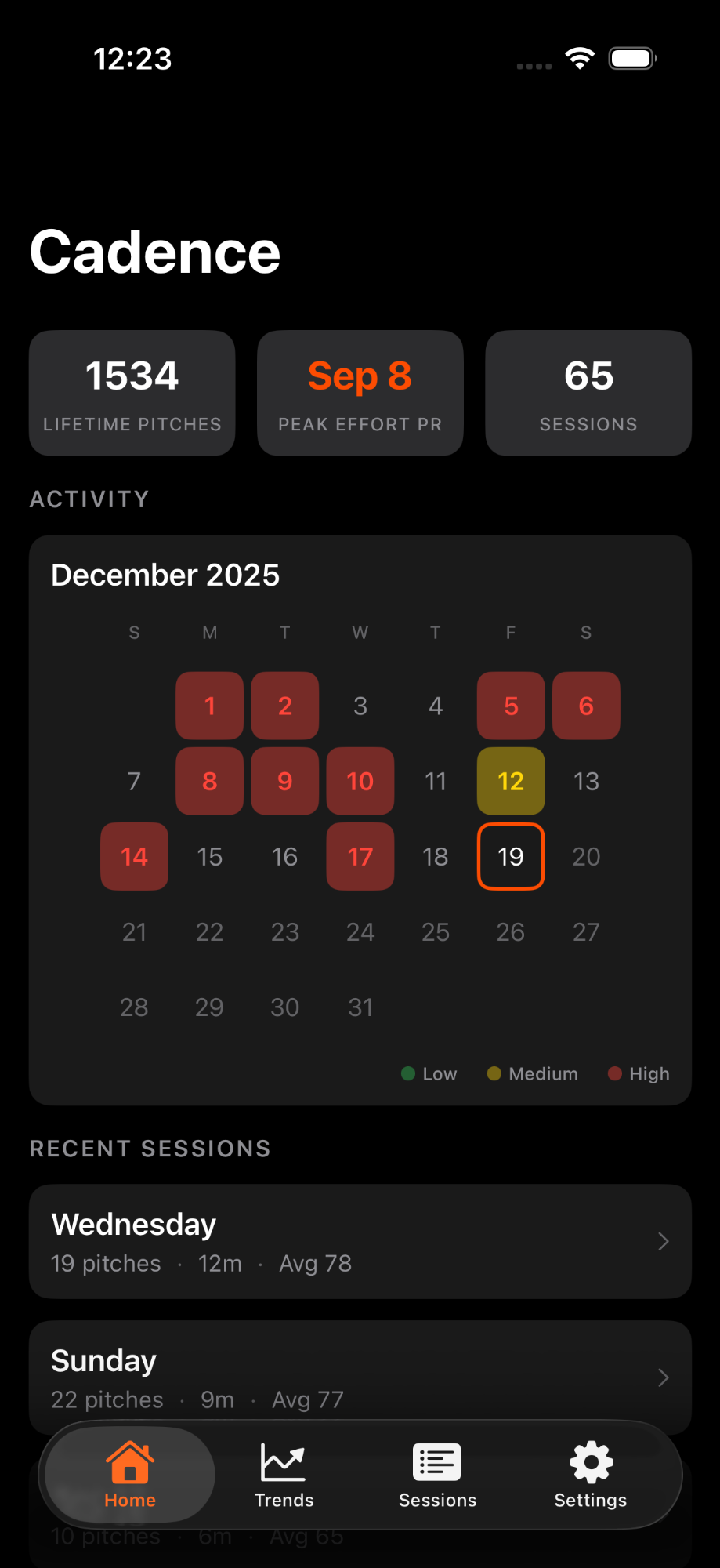 Cadence Pitching iPhone app home screen showing pitch count and effort metrics