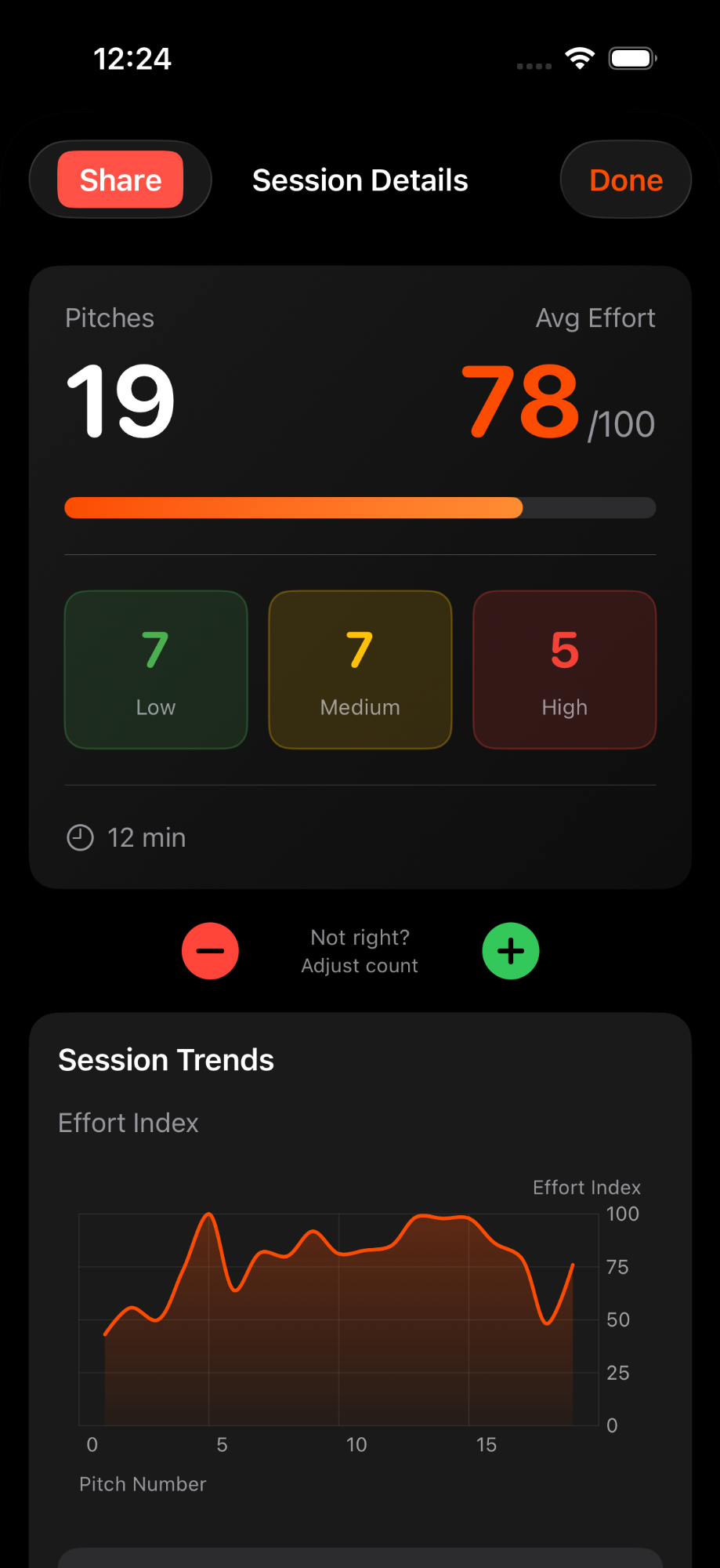 Cadence app session details showing auto-detected pitches