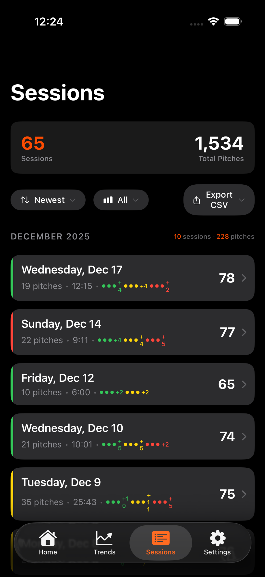 Cadence session history list with pitch counts and dates